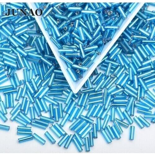 JUNAO 20g 6mm Aquamarine Color Sewing Glass Rhinestone Seed Beads Long Tube Spacer Beads Crystal Tube Beads for Decoration