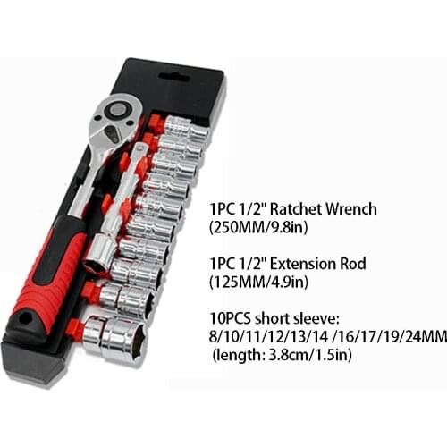 12pcs 1/2inches Drive Metric Socket Set With Ratchet Wrench Handle Paintless Dent Repair Mechanical Workshop Car Hand Tools Kit