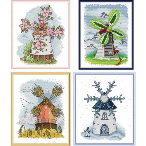 NKF Four Seasons Windmill Handmade Craft Needlework Cross Stitch Set Embroidery Kit Printed Design Stitching Home Decor