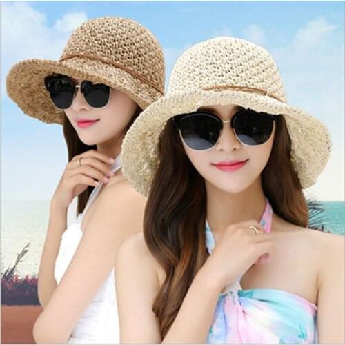 Beach Hat Sun Hat UV Protection Summer Fishermans Hat big Brim Hand-Crochet Ladys Straw Hat Foldable