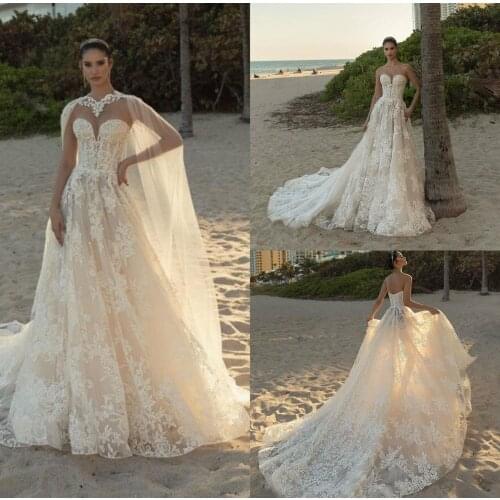 2020 Crystal Design Beach Wedding Dresses With Cape A Line Lace Applique Bohemia Wedding Bridal Gowns Custom Made Bride Robe