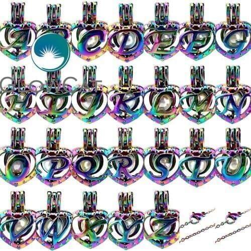 Rainbow Color 26 Alphabet Letter Heart Bead Cage Necklace Pendant Aroma Essential Oil Diffuser Locket