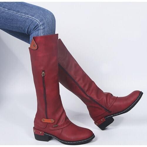 Women Low Heel Knee-High Boots Pu Female Cool Motorcycle Boots Turn Over Edge 2020 Autumn Chunky Heel Woman Shoes Gray Brown 43
