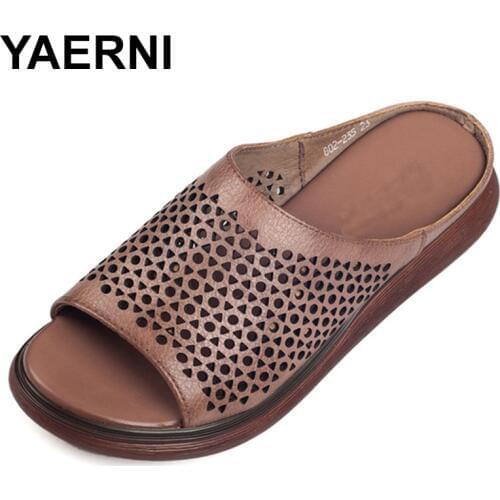 YAERNI Hot Women Slippers Vintage Genuine Leather Summer Shoes Woman Comfortable Outside Wedges Slippers Footwear