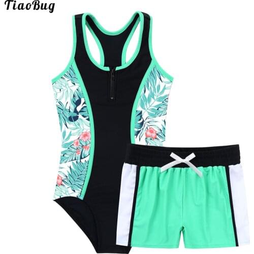 TiaoBug 2Pcs Kids Girls Summer Swimsuit One-Piece Round Neck Sleeveless Racer Back Jumpsuit And Boyshorts Set Beach Swimwear