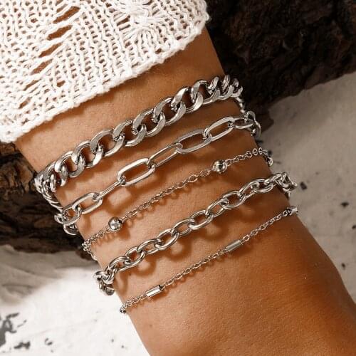Tocona 5pcs/sets INS Thick Chain Bracelets for Women Charms Silver Color Alloy Metal Hollow Geometry Adjustable Jewelry 19596