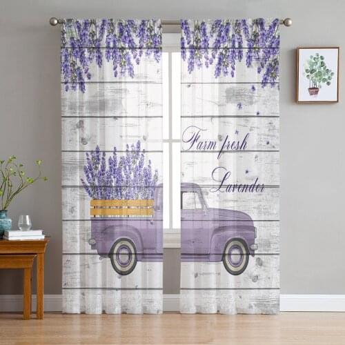 Rural Style Truck Lavender Farm Chiffon Tulle Curtains for Living Room Kitchen Bedroom Sheer Voile Yarn Window Treatment
