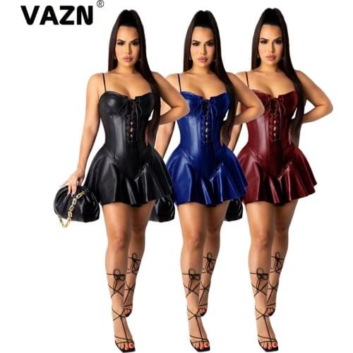 VAZN Top Quality Novelty Little Chap Sexy Club Leather Dress Solid Spaghetti Strap Women High Waist A-line Mini Dress Vestido