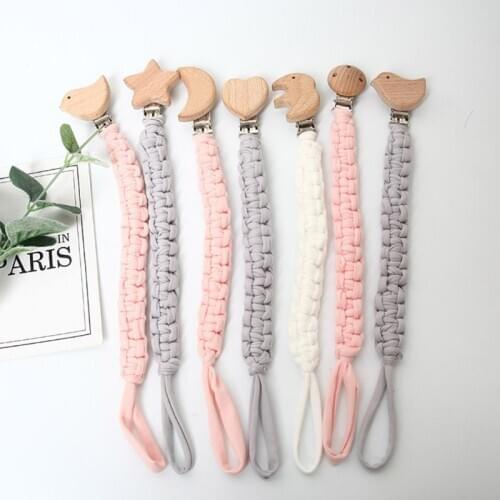 Baby Pacifier Clip Birds Stars Moon Love Heart Circle Chain Holder Beech Wooden Teething Soother Molar Toy Infant Accessories