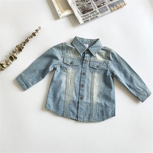 2021 0-3Y Retro Toddler Girls Denim Jackets Washed Blue Turn-down Mock Pockets Button Fly Long Sleeve Coats Spring Fall Outwear