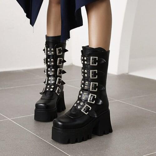 Womens Motorcycle Boots Female Platform Shoes Buckle Strap Female Fashion Short Boots Autumn New Ladies Booties Plus Size 46