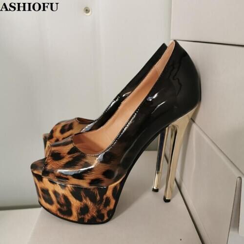 ASHIOFU Handmade Women High Heel Pumps Gradient Leopard Party Prom Dress Shoes Peep-toe Slip-on Real Photos Evening Court Shoes