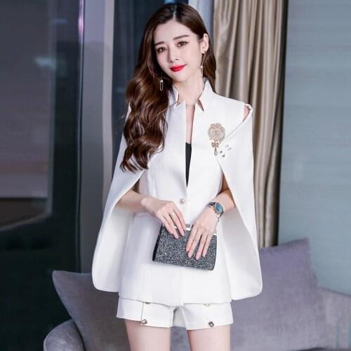 Female Cloak Jacket Spring Autumn Korean Mandarin Neck Office Ladies Loose Elegant Cape Pearl Work Casual Poncho Coat Women G435