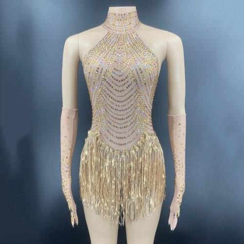 New Colorful Rhinestone Fringed Spandex Sleeveless Bodysuit Women Singer Dancer Party Wear Birthday Latin Stage Outfits DT2962