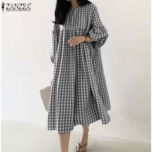 Womens Check Dress 2021 ZANZEA Vintage Autumn Dress Casual Puff Sleeve Midi Vestidos Female O Neck Robe Femme Oversized