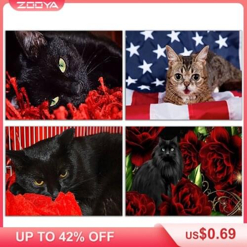 ZOOYA 5D DIY Diamond Embroidery Animal Black Cat Cute &Red Flower Diamond Painting Cross Stitch Round Mosaic Decoration CJ1183