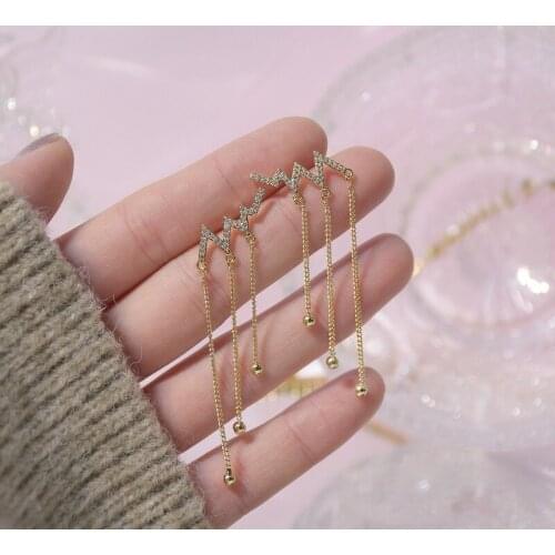 Bohemian Wavy Geometric Long Tassel Earring for Women 14K Real Gold Zirconia Dangle Earrings Wedding Jewelry Accessories