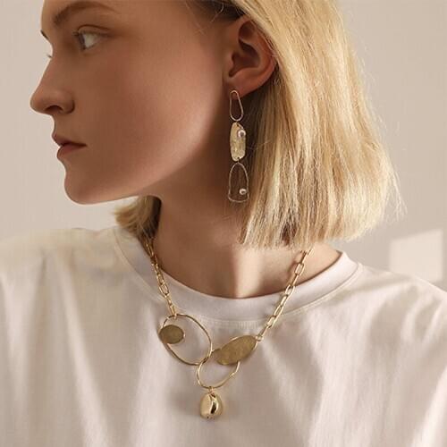 Exknl Simulated pearl Fashion choker women Necklace Vintage geometric Metal Chain Pendant gold color Collar Necklace jewelry