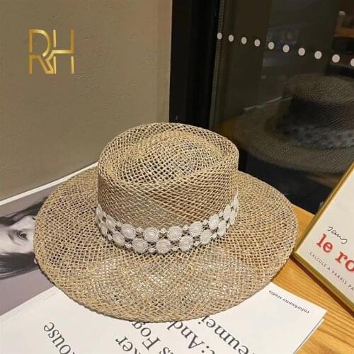 Seaside Beach Hat Black White Lace Ribbon Band Straw Hats Stylish Holiday Fashion Sun Protection Flat Brim Salt Sun Hat
