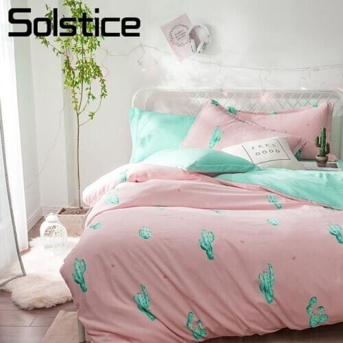 Solstice Home Textile Duvet Cover Pillowcase Flat Bed Sheet Pink Cyan Cactus Girl Kid Teen Woman Bedding Linens Sets King Single