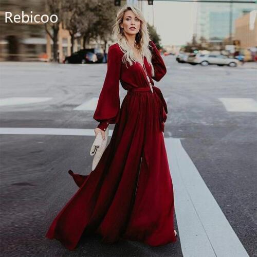V Neck Burgundy Elegant Evening Gowns Full Dresses Long Butterfly Sleeve Maxi Skater Dress Vestidos Casamento