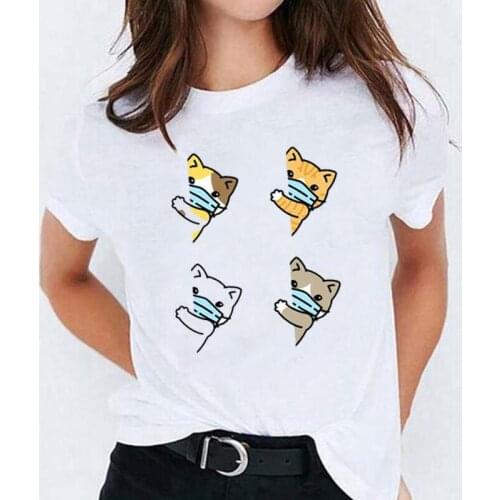 Funny Cat Lovely Animal Loose T Shirt Women Tops Summer Short Sleeve Harajuku Shirt Cartoon Print Tee Shirt Femme Camiseta Mujer