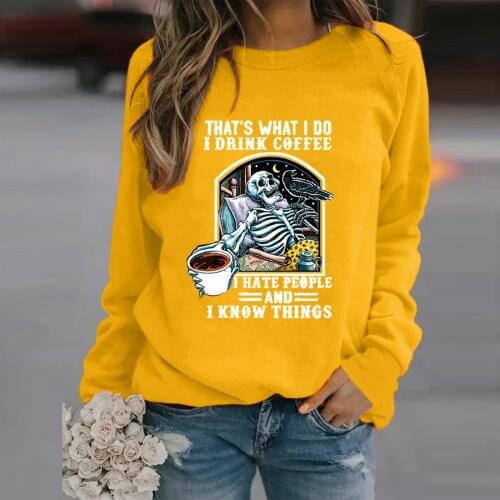 Letter Skeleton Print Hoodies Women Halloween Ladies Round Neck Long Sleeve Creative Sweatshirts Sudadera Mujer Harajuku Hoodie