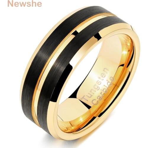 Newshe Tungsten Carbide Rings For Men Black Golden Groove Ring 8mm Mens Wedding Band Charm Jewelry Size 9-12 TRX055