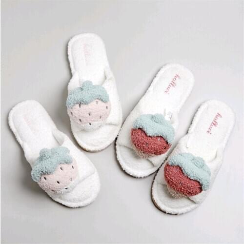 Kawaii Fruits Warm Indoor Flat Slides Slippers Plush Shoes Cute 3D Strawberry Soft Floor Home House Winter Slippers For Girls