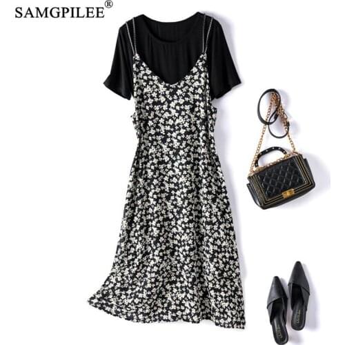 Fashion Korean Floral Women Sets Two-piece Sling Chiffon Dress Stretch T-shirt Mid Calf Length Dresses Summer Clothes For Woman