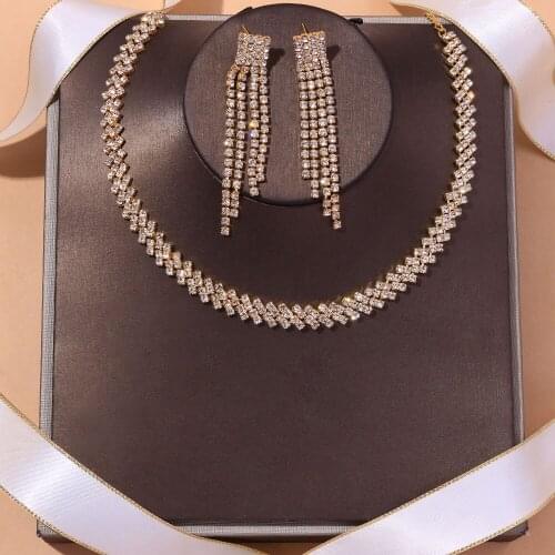 Stonefans Simple Fashion Rhinestone Tassel Earrings Set for Women Crystal Africa Bridal Necklace Set Wedding Jewelry Accesorios