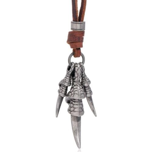 Punk Gothic Fashion Rock Men Pendant Necklace Genuine Leather Alloy Pointed Claw Charm Domineering Long Chain for Hiphop Jewelry