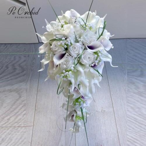 PEORCHID White Purple Crystal Teardrop Bouquet Calla Lily Rose Artificial Pearls Waterfall Wedding Flowers Bridal Bouquet