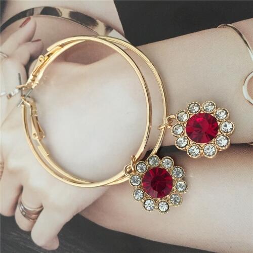 Lovely Gold Color Plating Red Clear Stone Decorated Charm Hoop Earrings Bohemia Elegant Lady Party Fashion Jewelry