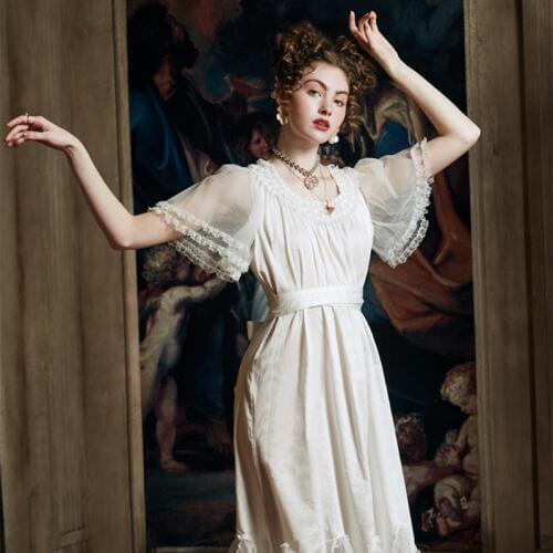 Luxury Sleepwear Nightgown Women Summer Lace Cotton nightdress Elegant Lady Long Dress Bride Nightgown European medieval style