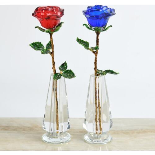Crystal Red Rose Flower with Green Leaves Crystal Vase Stand Romantic Christmas Valentines Day Birthday Gift Home Decor