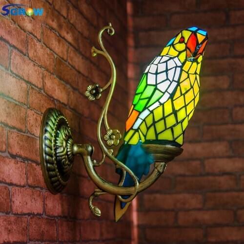 SGROW Tiffany Hand-made Parrot Wall Lamp for Bedroom Corridor Aisle Lampara Indoor Lighting Fixture Glass Lampshade Birds Lights