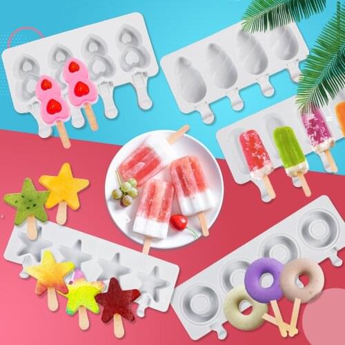 Silicone Ice Cream Mold DIY Popsicle Molds Freezer Juice 4 Cell Big Ice Stick Cube Tray Barrel Homemade Ice Creams Maker Mould