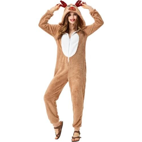 Umorden Xmas Christmas Elf Reindeer Costume Pajamas for Women Adult Hooded Cozy Fawn Deer Cosplay Onesie Jumpsuit Fleece