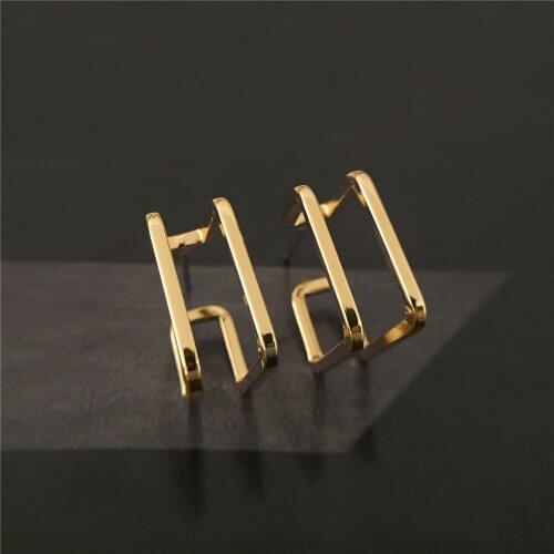Unique High Quality Gold Color Plating Geometric Square Shape Small Stud Earrings For Women Girl Casual Punk Chunky Jewelry