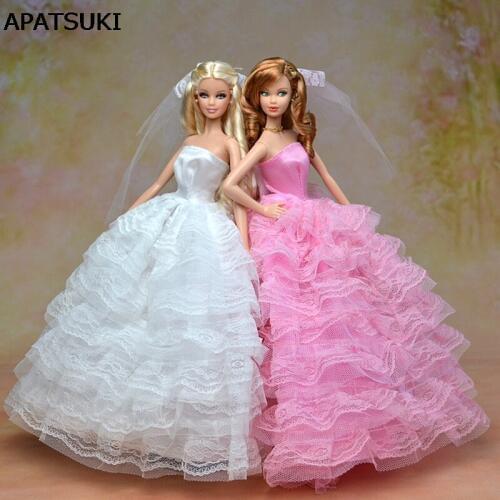 High Quality Elegant Wedding Dress For Barbie Dolls Party Dress + Veil Lace Vestido For 1/6 Dolls Clothes