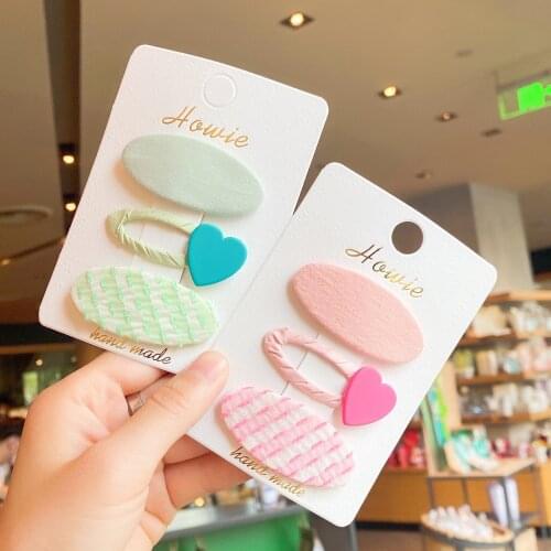 3pcs/set) handmade solid oval fabric cover heart attached haircilp snap hairpin accessories bang clip