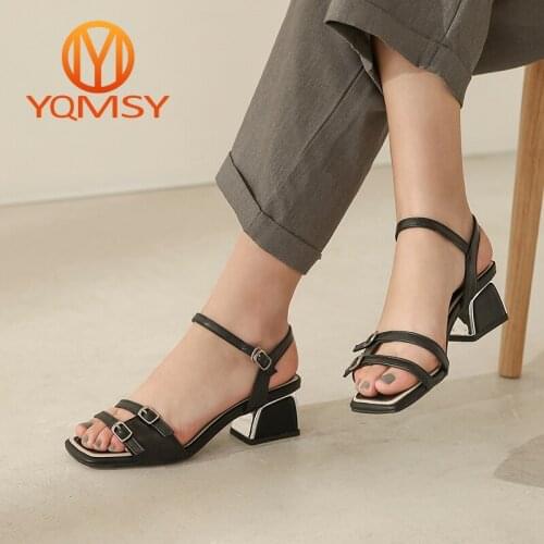 YQMSYNA Casual Womens Sandals Fashion Office Career Buckle Strap Metal Square Heel High Heeled Sandals New Commute Shoes AS124