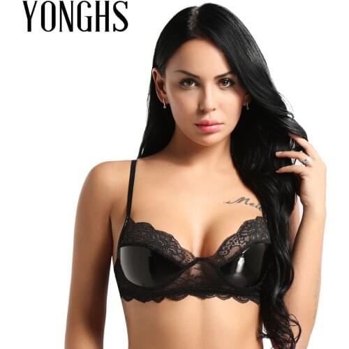 Womens Lingerie Lace Bra Top Soft Adjustable Spaghetti Straps Faux Leather Wire-free Unlined Cup Erotic Sexy Hot Bra
