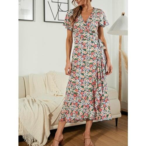 Womens Summer Elegant Floral Print Long Skirt Wrap Dress 2021 Ladies Casual Bohemian V-neck Ruffled Party Beach Long Skirt