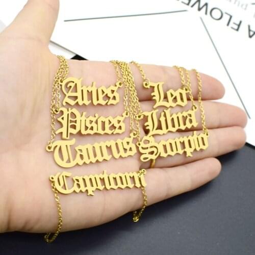 Minimalist Christian New Old English 12 Zodiac Necklace Constellation Letter Alphabet Necklaces For Women