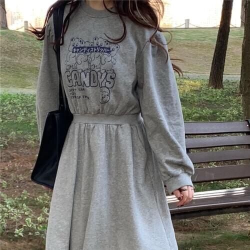 Women Autumn Winter Elastic Waist Long Pullover Dress Gray Full Sleeve A-line midi sweatshirt