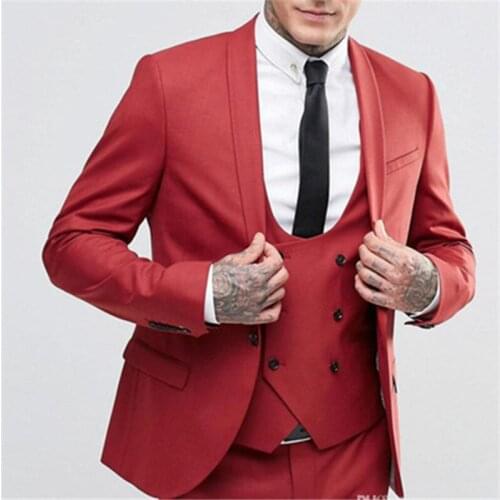Custom Made Shawl Collar Mens Suits 3pieces(Jacket+Pants+Vest+Tie) Red Color Fashion One Button Groom Best Mens Clothes 323