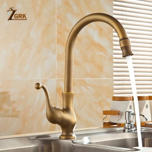 ZGRK Antique Brass Kitchen Faucet Single Hole Single Handle Water Tap Kitchen Swivel 360 Design Kitchen Mixer Taps