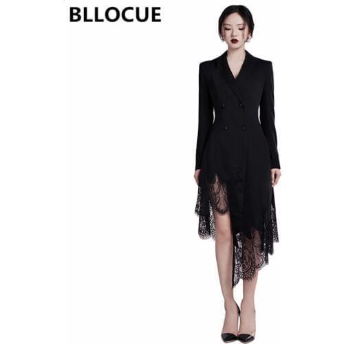 BLLOCUE 2020 New Fashion Autumn Winter Double-breasted Long Sleeve Black Notched Suit Dress Women Lace Splice Irregular Dress